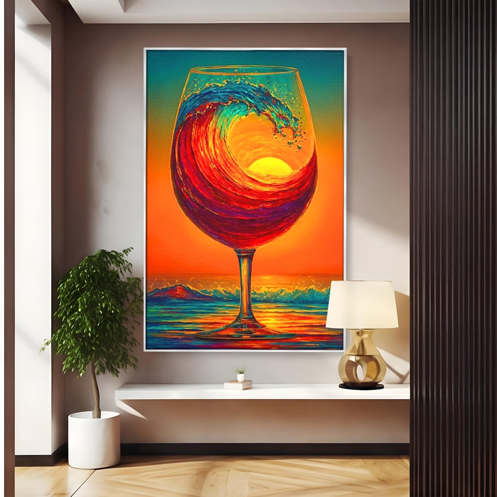 Tablou canvas cu tablou canvas cu pahar de vin si val, in rama de aluminiu argintiu